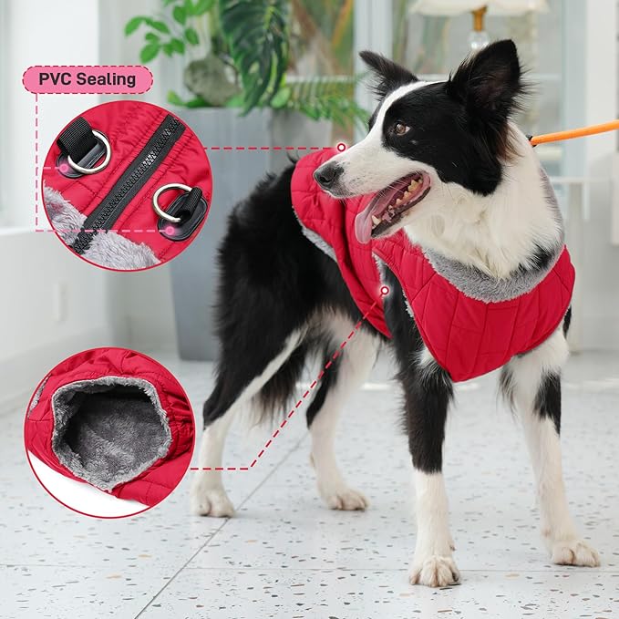 Warm Fleece Dog Coats with Durable Harness Buitl in D-Ring,Waterproof Doggie Jacket for Medium Dogs,Dog Vest for Cold Winter,Red L