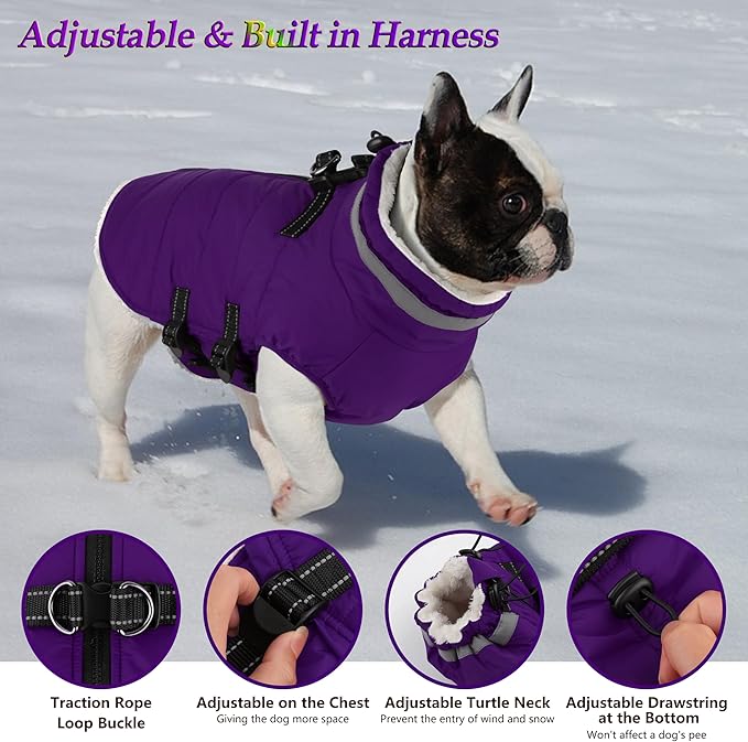 Dogcheer Dog Coat with Harness, Waterproof Dog Jacket Adjustable Pet Winter Coat with Zipper, Christmas Puppy Snow Jacket Fleece Sweater for Small Medium Large Dogs - Purple XL