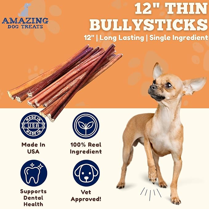 Amazing Dog Treats - Bully Sticks for Small Dogs (12 Inch Small- 50 Count) - Premium Thin Junior Bully Sticks for Dogs