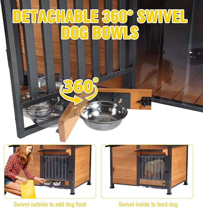 Chew-Resistant Dog House with Metal Frame, Wooden Kennel for Indoor & Outdoor Use, Waterproof Roof & Feeding Bowls Included (Wood, XL-in)