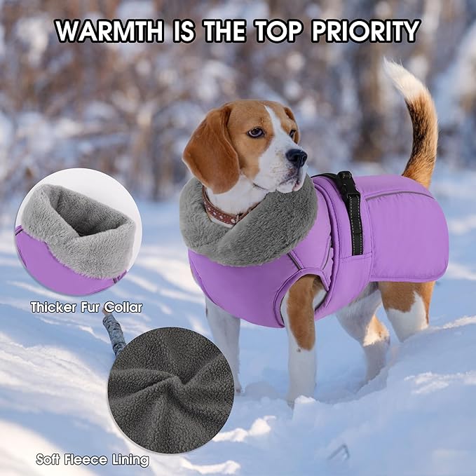 PETDSH Dog Coat Large, Windproof Dog Jacket with Warm Fleece Lining, Thickened Collar Dogs Winter Coat, Adjustable Reflective Pet Coats for Cold Weather (Purple, XXX-Large)