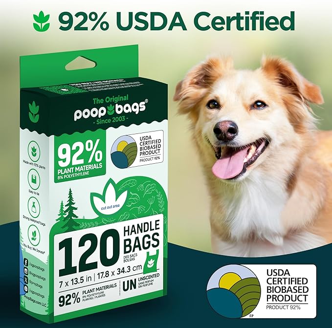 The Original Poop Bags® Tie-Handle Dog Waste Bags, 92% Plant-Based, USDA Certified, Heavy Duty, Large (120 Count (Pack of 1))