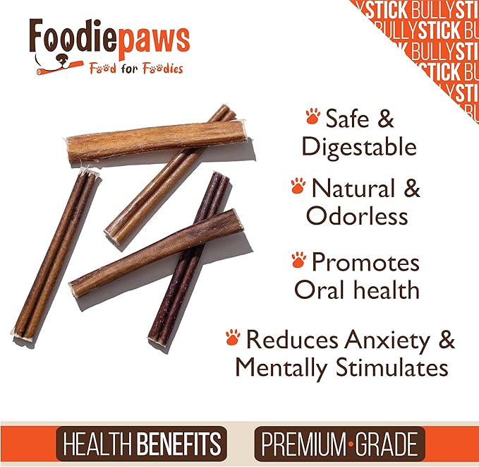 FOODIEPAWS 6 Inch Jumbo Bully Sticks for Dogs, 20 Pack | All Natural, Grass-Fed Beef Pizzle | Rawhide-Free, Odor-Free, Fully Digestible & Long Lasting Dog Chews | For Large Breeds & Aggressive Chewers