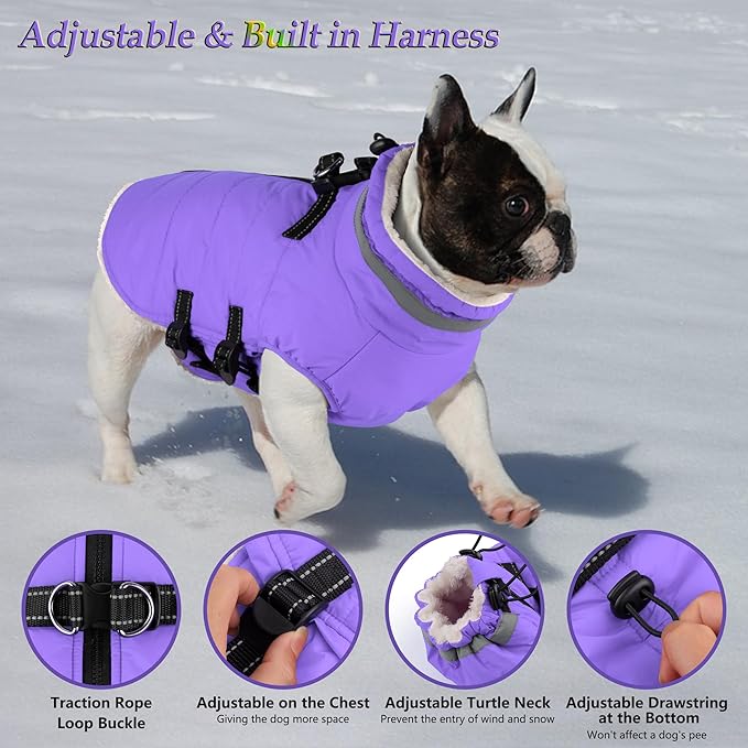 Dogcheer Dog Coat with Harness, Waterproof Dog Jacket Adjustable Winter Coat with Zipper, Christmas Puppy Snow Jacket Fleece Sweater for Small Medium Large Dogs - Taro Purple XL