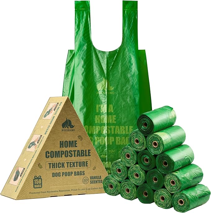 Ultra Thick & Deep RockRhino Dog Poop Bags for Large & XL Breeds | 4-Layer Interlocked Bottom | 100% Home Compostable, 0% Plastic | Vanilla-Scented | 150 Bags, Easy Open Tie Handles, Not for Scooper