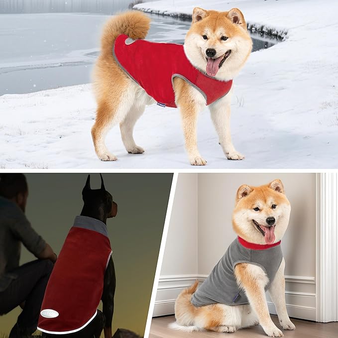 cyeollo 2 Pack Dog Sweater Small Dog Fleece Sweatshirt Reflective Pullover Stretchy Dogs Jacket Lightweight Vest Pet Clothes for Puppy, Grey & Red