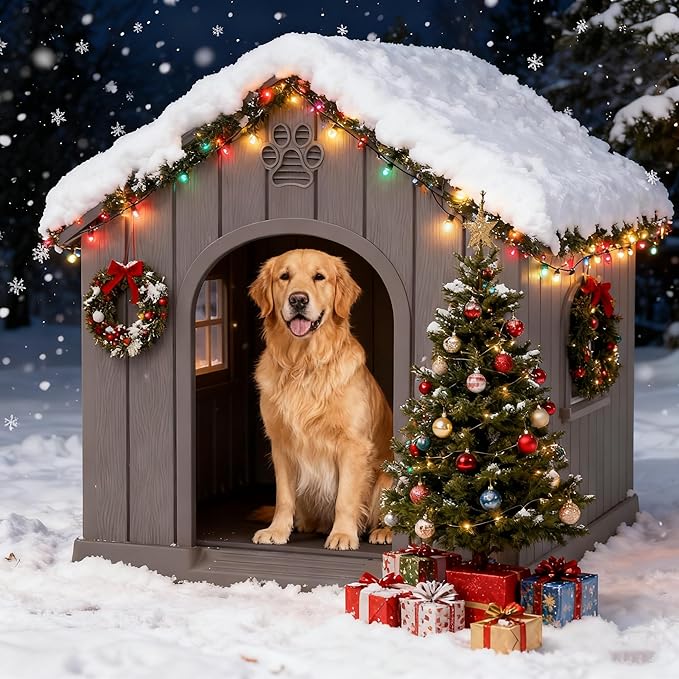 Large Dog House for Outdoor & Indoor, Waterproof Puppy Shelter with Air Vents & Elevated Floor, Easy Assemble Sturdy Dog Kennel for Large Dogs(Grey,36.2''L×38''W×38''H)