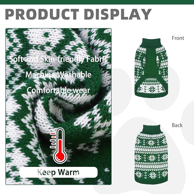 KOOLTAIL Cable Knit Dog Sweater Turtleneck, Cold Weather Pullover Classic Knitwear, Snowflake Pattern Thick Warm Winter Pet Clothes, Dog Christmas Sweater for Small Medium Large Dogs Cats,Green SM