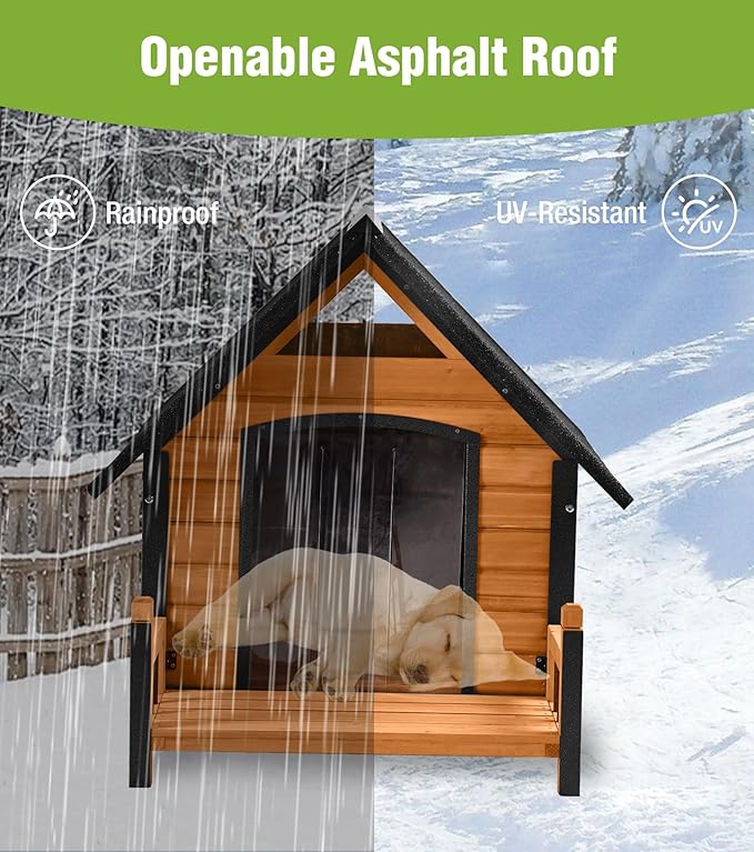 GUTINNEEN Heated Dog House Outdoor for Winter with Anti-Bite Design, Dog Kennel with Heating Blanket, Asphalt Roof, for Small to Medium Dogs - Brown