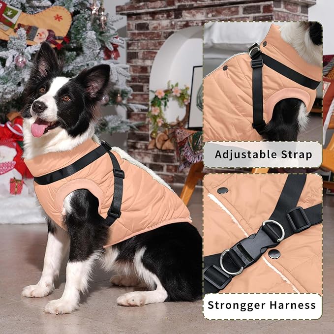Dog Jacket with Harness,Fleece Lined Warm Puppy Coat for Winter,Soft Windproof Large Dog Vest,LightOrange XXL