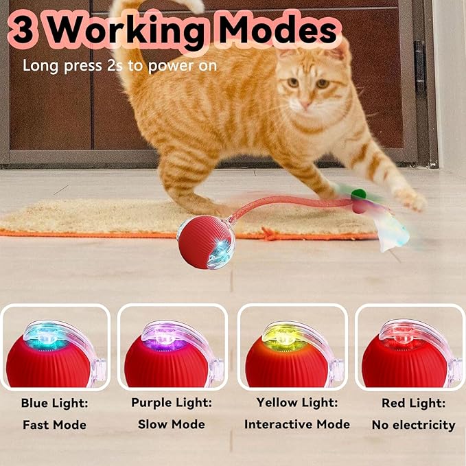 Interactive Cat Toys for Indoor Cats, Automatic Cat Toy with Elastic Mesh Tail, Electric Rolling Ball on Carpet, Chirping and Motion Activate Cat