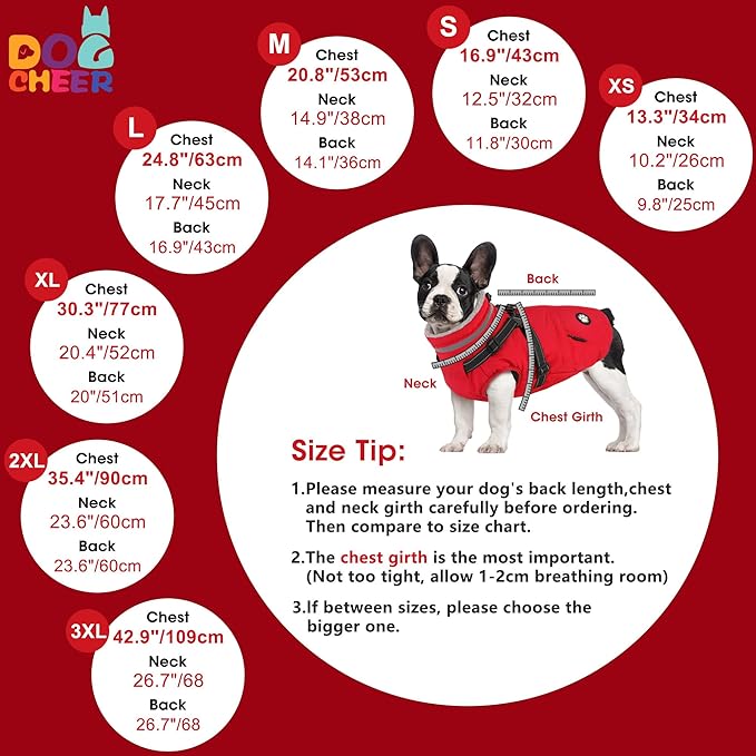 Dogcheer Dog Coat with Harness, Waterproof Dog Jacket, Christmas Puppy Winter Coat with Pocket, Reflective Doggy Turtleneck Puffer Vest for Small Medium Large Dogs - Red, 3XL