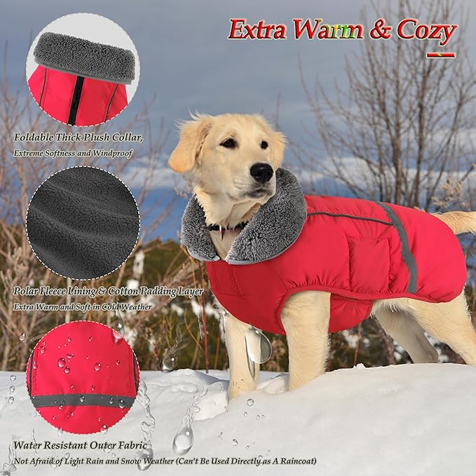 Dogcheer Warm Dog Coat, Christmas Dog Jacket Waterproof Puppy Winter Coat with Buckles, Reflective Adjustable Pet Snow Jacket Turtleneck Fleece Sweater for Small Medium Large Dogs - Red, L