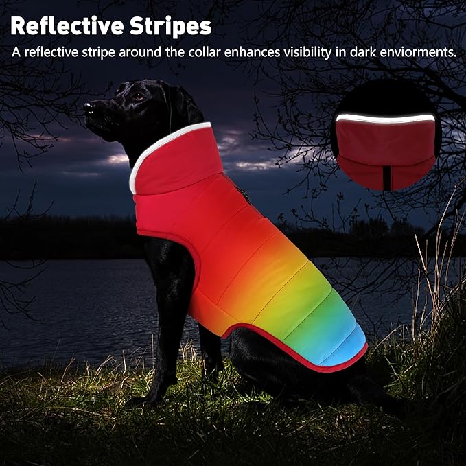 Dog Winter Coat, Waterproof Dog Jacket with Leash Hole, Reflective Adjustable Pet Snow Vest, Warm Fleece Sweater for Small Medium Large Dogs - Rainbow, XS