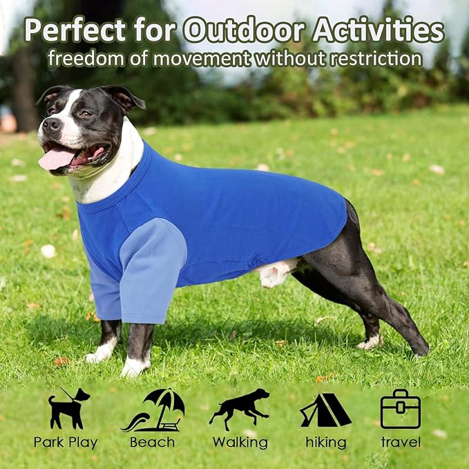 2 Pack Large Dog Shirts for Summer - Stretchy Breathable Cotton Dogs T-Shirt, Protect Skin Easy On and Off Dogs Clothes for French Bulldog, Pug, Daily Wear, Park, Travel, Beach Trips, Blue