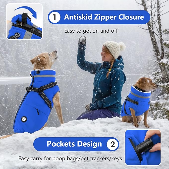 Dogcheer Dog Coat, Waterproof Dog Winter Jacket with Harness, Reflective Adjustable Doggy Cold Weather Coats, Christmas Pet Fleece Snowsuit for Small Medium Large Dogs - Blue, 2XL