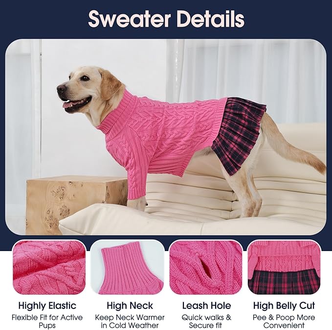 IECOii XL Dog Sweater Dress for Large Dogs Girl, Cable Knit Winter Dress for Female Dogs, Pink, XLarge, Soft Girl Dog Sweater with Tartan Plaid Skirt Cute Turtleneck Knitwear for Cold Weather