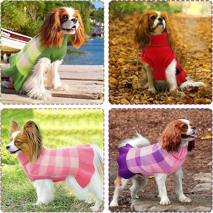Dog Sweater Dress Plaid Knitwear for Small Medium Dogs Warm Puppy Pet Turtleneck Stretch Pullover Cute Fall Winter Vest Clothes with Leash Hole for Christmas (Red, XL)