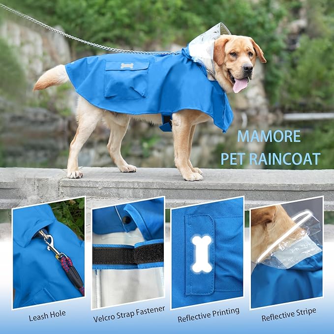Dog Raincoat Waterproof, Adjustable Reflective Hooded Dog Rain Poncho with Leash Hole for Small Medium Large Dogs (Blue, Small)