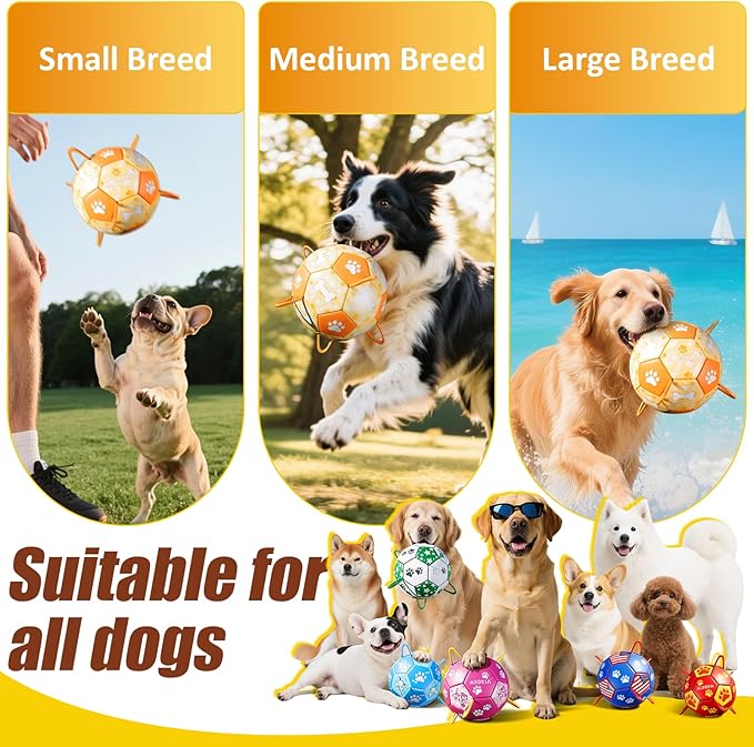 Size 2 Dog Soccer Ball with Straps Durable Training Ball for Pets Interactive Outdoor Dog Toy, Orange & Yellow, Eye-Catching Paw and Bones Design, for Small & Medium Puppie