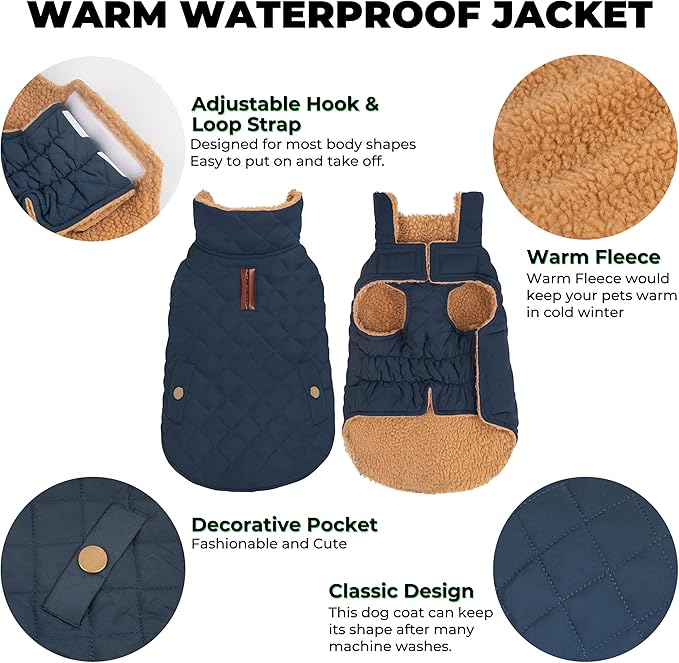 Dog Winter Coat, Dog Jacket with Warm Fleece Lined, Waterproof Windproof Dogs Cold Weather Coats Clothes for Puppy Dogs Snowsuit with Leash Hole, Navy Small