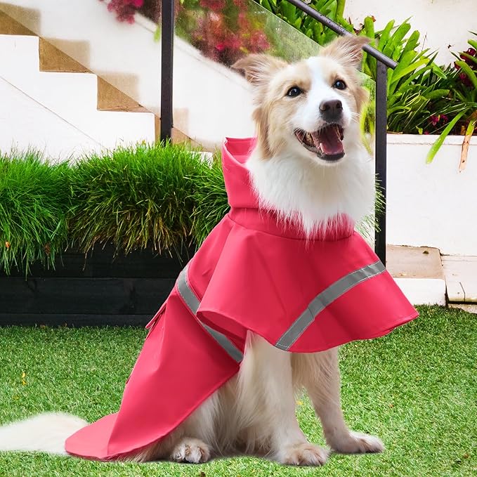 NACOCO Large Dog Raincoat Adjustable Pet Water Proof Clothes Lightweight Rain Jacket Poncho Hoodies with Strip Reflective (L, Red)