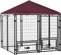PawHut 4.6' x 4.6' x 5' Outdoor Dog Kennel, Welded Wire Dog Kennel Outside Run with 360° Rotating Bowls, Waterproof & UV Resistant Cover, for S&M Breeds, Chickens, Ducks, Red
