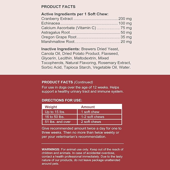 Dog UTI Treatment Cranberry Supplement for Dogs, 240 Soft Chews - Natural Urinary Tract Infection Support and Healthy Bladder Control – Made with Echinacea and Vitamin C (2 Packs of 120)