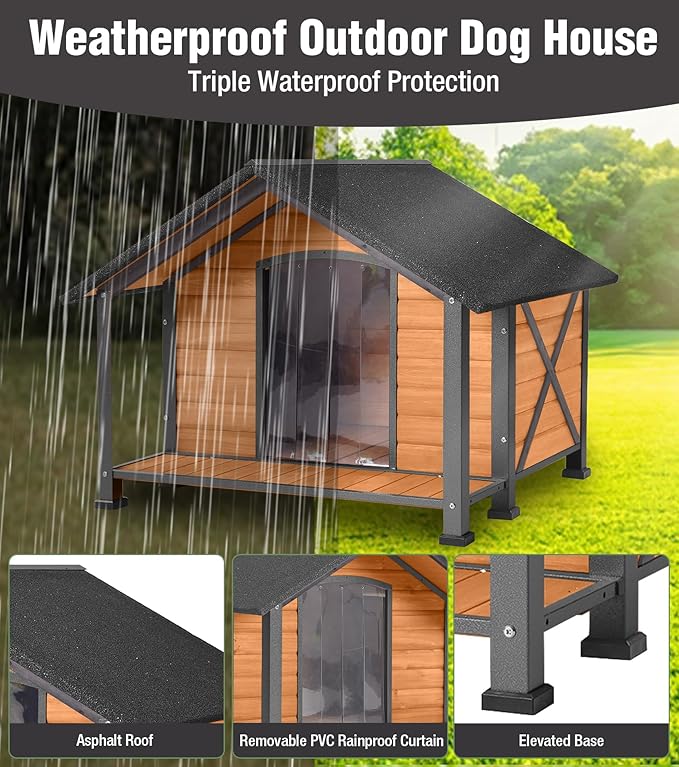 Dog House Outdoor with Porch, Anti-Chewing Iron Frame, Weatherproof Large Wooden Dog Kennel Outside with Openable Roof & Removable Floor, Elevated Base & PVC Curtain