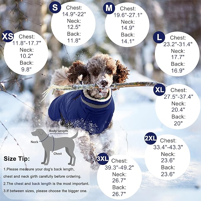 Dogcheer Dog Coat, Waterproof Dog Jacket with Harness, Reflective Adjustable Puppy Winter Coat with Zipper, Christmas Snow Jacket Clothes for Small Medium Large Dogs - Blue 2XL