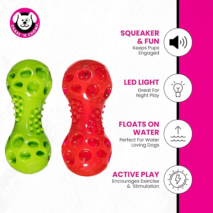 Chase 'n Chomp Squeak and Light Up Dumbbell Dog Toy, Mental & Physical Stimulation, Small, 2 Pack