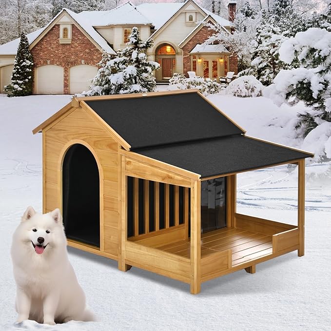 Merax 60.2" Wooden Dog House Outdoor with Insulated Liner for Winter, Extra Large Breed Outside Kennel with Weatherproof, Asphalt Roof, Elevated Floor, Fencing and Porch, for Medium & Large Dogs