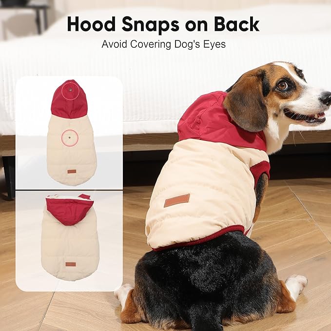 Fleece Lining Extra Warm Dog Hoodie in Winter,Small Dog Jacket Puppy Coats with Hooded,Beige and Red XS