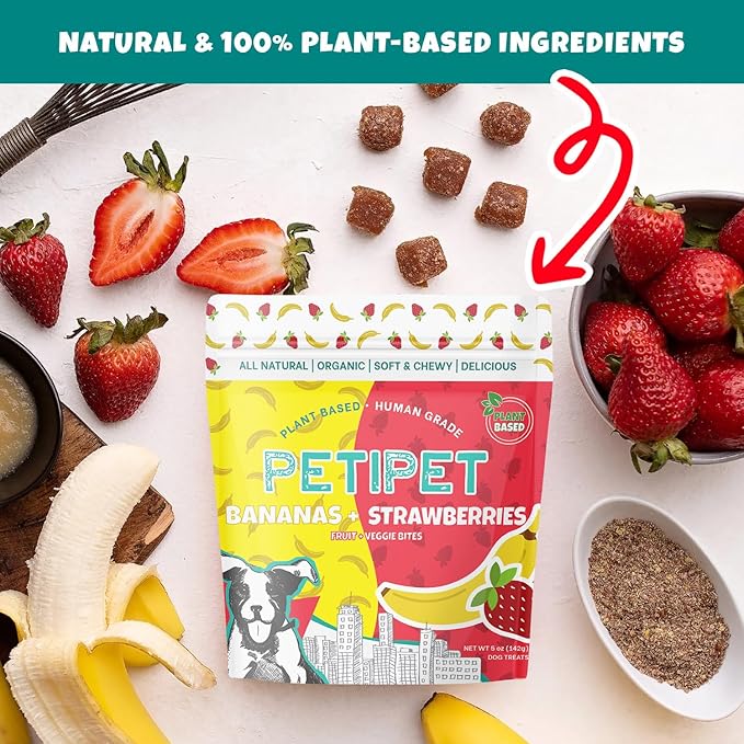 PETIPET Bananas+Strawberries Plant-Based Fruit Dog Treats - Strawberry, Apple, Banana Soft & Chewy Treats - Healthy, Vegetarian, Vegan - Organic Ingredients, Low-Protein, Hypoallergenic, Gluten-Free