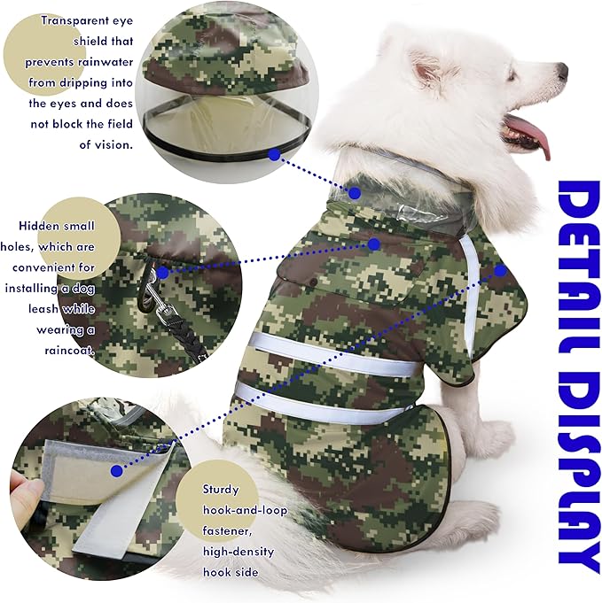 Dog Raincoat, Adjustable Rain Jacket with Hooded Double Layer for Large Medium Small Dogs Puppies, Lightweight Waterproof Rain Coat Poncho with Reflective Stripe Mosaic Camouflage Green,XXL