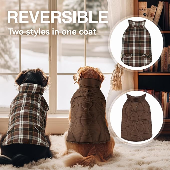 VIVAGLORY Softjoy Dog Coat, Dog Jacket for Winter & Christmas, Coat with Harness Hole & Velcro Closure, Reversible Plaid Checkered Warm Fluffy Heavy Duty for Puppy, S, Coffee
