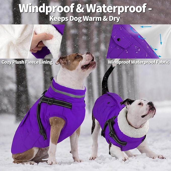 Dogcheer Dog Coat with Harness, Waterproof Warm Dog Winter Jacket with Pockets, Reflective Pet Fleece Jacket Turtleneck Snowsuit for Small Medium Large Dogs - Purple, 2XL