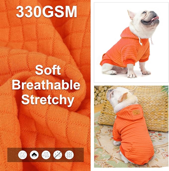 BEAUTYZOO Small Dog Hoodie Sweater with Pockets, Dog Clothes for Small Medium Dogs Boy Girl, Waffle-Like Laminated Cotton Pet Coats with Hat and Leash Hole, Orange S
