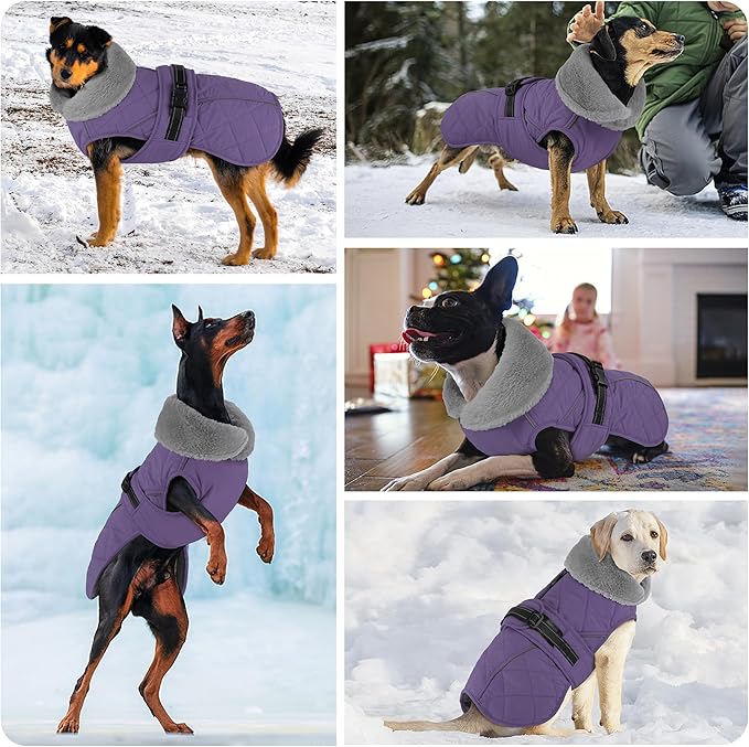 Dog Coat, Waterproof Dog Winter Jacket with Adjustable Buckle, Reflective Turtleneck Pet Snow Vest Warm Fleece Sweater for Small Medium Large Dogs - Purple, L