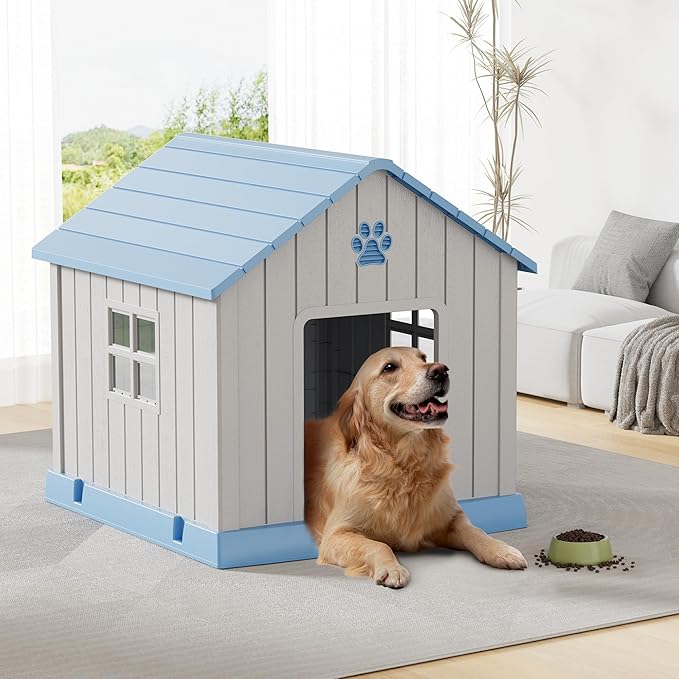 Dog House for Outdoor & Indoor Use with Window, Waterproof Ventilated Kennel with Elevated Floor, Easy to Clean Shelter for Small Medium Large Dogs (Blue, 37.2" L x 40" W x 40" H)