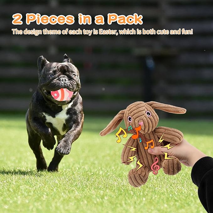 Stuffed Dog Toys Easter Rabbit Dog Toy, Squeaker Plush Dogs Toy with Crinkle Paper, Interactive Durable Puppy Chew Toy Pet Easter Toy with Egg for Small and Medium Dogs
