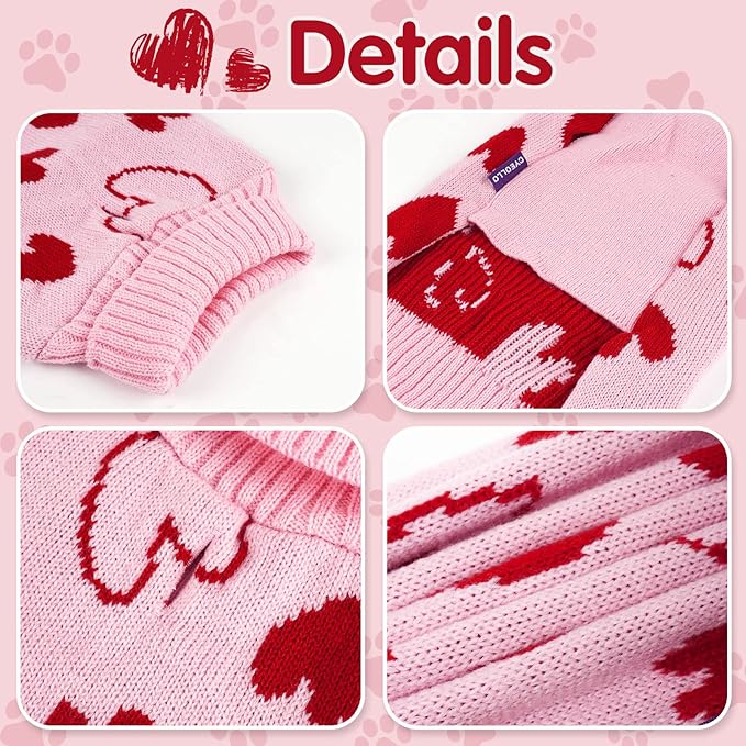cyeollo Dog Valentines Sweater Heart Pattern Pullover Turtleneck with Leash Hole Holiday Theme Outfit Pet Apparel Sweaters for Small to Medium Dogs Pink