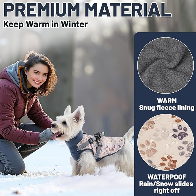 Dog Winter Coat for Small & Medium Dogs (Up to 31lb), Waterproof Dog Coat with Harness, Puppies Windproof Puppy Puffer Jacket, Snowsuit for Dachshund,Frenchie, Corgi (Paw Blue, Small)