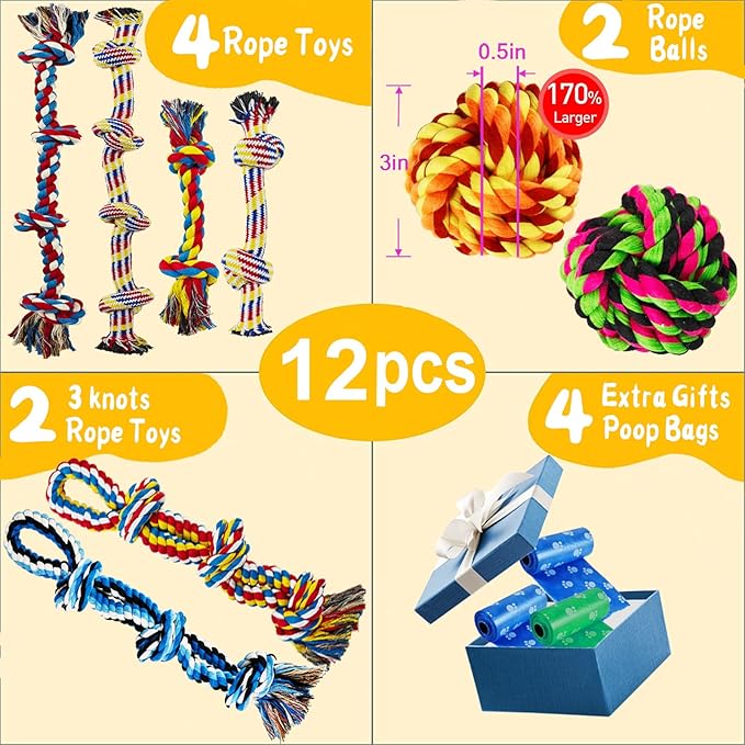 LosFong Large Dog Chew Toys for Aggressive Chewers, Indestructible Dog Rope Toys for Large Breeds, Heavy Duty 100% Cotton Dental Teeth Cleaning Tug of War Toy