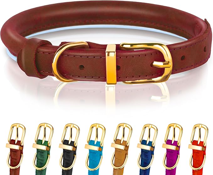 OOPSDOGGY Reflective Rolled Leather Dog Collar Adjustable Soft Padded Pet Collar for Small Medium Large Breed Dogs (Brown, S, 10"-13")