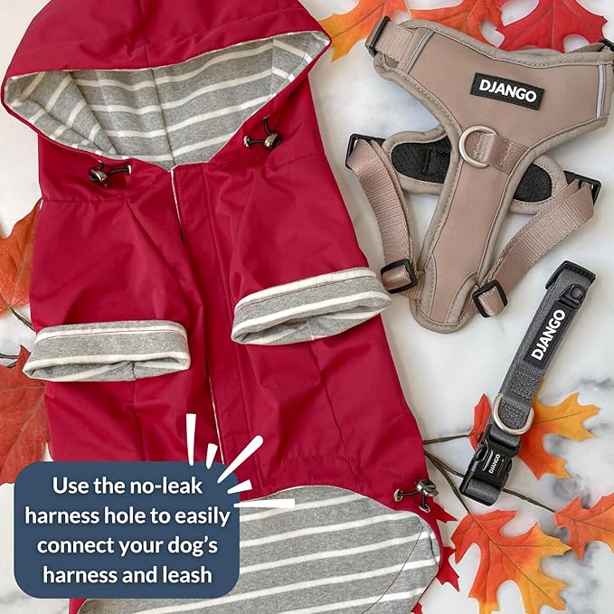 DJANGO Highland Dog Jacket & Raincoat – Water-Repellent, Lined Dog Coat with Hood, Adjustable Fit & Harness Hole – Lightweight Rain & Wind Jacket for Small & Medium Dogs up to 30 lbs (Red, Small)