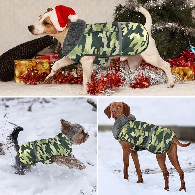 Dogcheer Warm Dog Coat, Waterproof Dog Jacket Reflective Adjustable Puppy Winter Coat with Buckle, Christmas Pet Snow Jacket Turtleneck Fleece Sweater for Small Medium Large Dogs- Camo Green, M