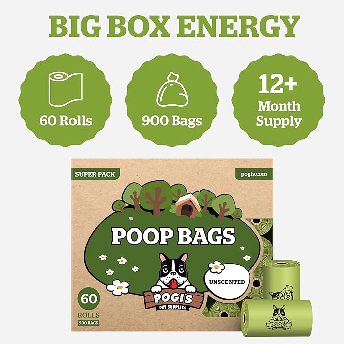Pogi’s Dog Poop Bags – Leak-Proof & Extra Thick Pet Waste Bags (Unscented, 60 Rolls, 900-Count)
