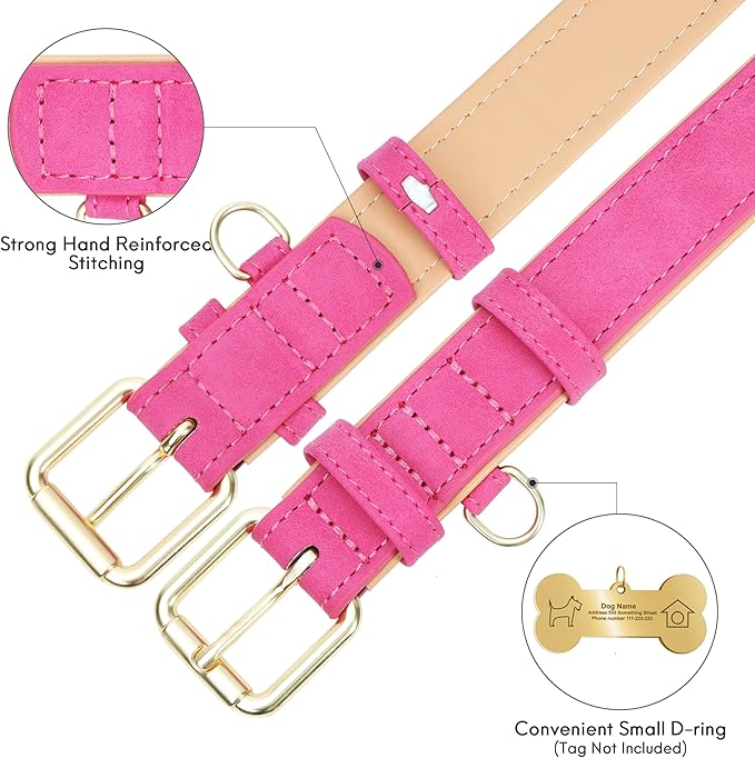 Leather Dog Collar for Small Medium Large Dogs, Soft Padded Dog Leather Collar with Heavy Duty Gold Buckle, Durable & Comfortable for Small Dogs Daily Walking (Hot Pink, S)
