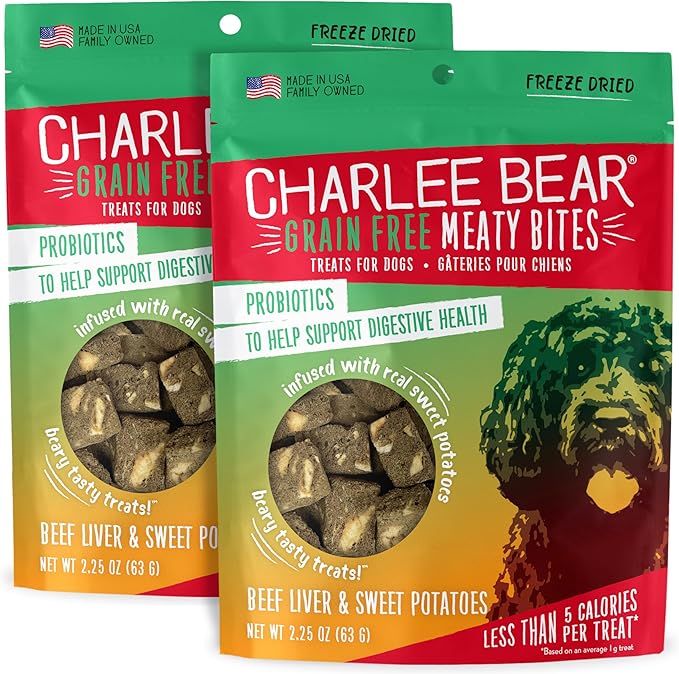 Charlee Bear Grain Free Meaty Bites Freeze Dried Dog Treats with Probiotics, Puppy Training Snacks, Soft Dog Bites Beef Liver with Sweet Potato, 2.25 oz Bags (2), Made USA
